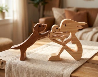 Handmade Wooden Dog Woman and Baby Family Sculpture Natural Wood Art New Mom Gift Boho Home Decor Dog Lover Desk Ornament