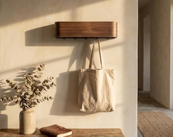 Wood Wall Shelf with Hooks Entryway Coat Rack Key Holder Oak Walnut Black Curved Floating Organizer