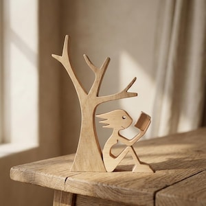 Könnte beinhalten: Eine Holzskulptur, die eine lesende Person unter einem Baum darstellt. Die Skulptur aus hellem Holz steht auf einem Holztisch. Die Person sitzt und hält ein Buch, beschattet vom Baum.