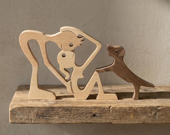 Handmade Wooden Couple and Dog Family Sculpture Natural Wood Art Dog Lover Gift Minimalist Boho Home Decor Desk Ornament
