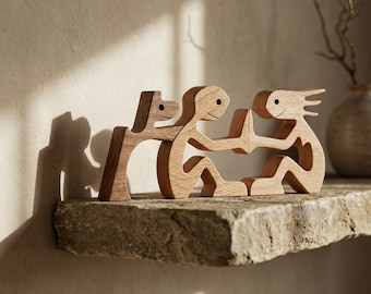 Handmade Wood Family Sculpture Figurine Set Couple and Pet Puzzle Decor Minimalist Home Decor Unique Gift