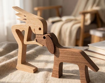 Handmade Wooden Dog and Human Kissing Sculpture Two-Tone Natural Wood Art Dog Lover Gift Minimalist Boho Home Decor Desk Ornament