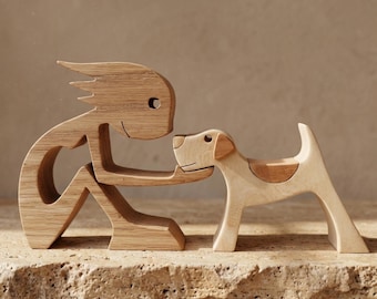 Handmade Wooden Dog and Woman Nose to Nose Sculpture Natural Wood Art Dog Lover Gift Minimalist Boho Home Decor Ornament