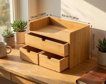 Bamboo Desk Organizer with 3 Drawers Desktop Storage Box Office Supplies Holder Home Decor Natural