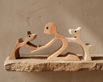 Handmade Wooden Person and Two Dogs Sculpture Natural Wood Art Dog Lover Gift Minimalist Boho Home Decor Desk Ornament