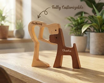 Personalized Wooden Dog & Owner Figurine Engraved Names Beech Walnut Puzzle Sculpture Custom Pet Keepsake Dog Lover Decor