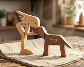 Personalized Woman and Dog Wood Sculpture Custom Engraved Name Pet Owner Figurine Beech Wood Keepsake Dog Lover Gift Dog Mom Memorial Decor