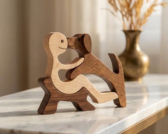 Handmade Wood Dog Lover Gift Figurine Human and Dog Hugging Sculpture Minimalist Desk Decor Dog Mom Gift Unique Pet Lover Home Decor