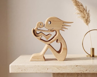 Handmade Wooden Mother Baby Bird Sculpture Abstract Art Figurine Mom Gift Nursery Boho Decor Minimalist Natural Wood Home Shelf Decor