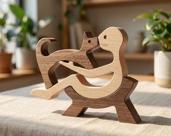 Handmade Wooden Cat and Human Figure Sculpture Minimalist Dog Lover Gift Boho Home Decor Desk Shelf Ornament Natural Wood Art