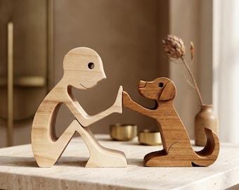 Handmade Wooden Dog and Human Sitting Sculpture Natural Wood Art Dog Lover Gift Minimalist Boho Home Decor Desk Ornament