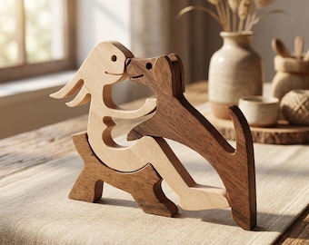 Handmade Wood Two Dogs Sculpture Puzzle Figurine Dog Lover Gift Minimalist Home Decor Dog Couple Desk Decor