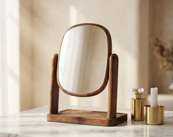 Walnut Wood Vanity Mirror with Storage Tray Adjustable Tabletop Makeup Mirror Minimalist Bedroom Decor