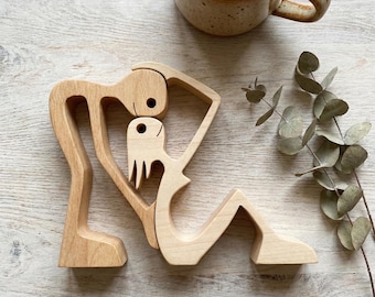 Handmade Wooden Couple Embrace Figurine Minimalist Love Sculpture Anniversary Gift for Her Him Romantic Wood Art Boho Home Decor