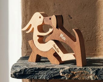 Dog and Owner Wood Puzzle Figurine Personalized Engraved Names Beech Walnut Pet Parent Gift Dog Memorial Keepsake Home Decor