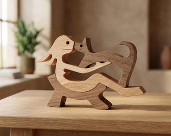 Handmade Wooden Dog and Cat Figurine Set Minimalist Animal Sculpture Dog Lover Gift Boho Home Decor Aesthetic Wood Art Shelf Decor