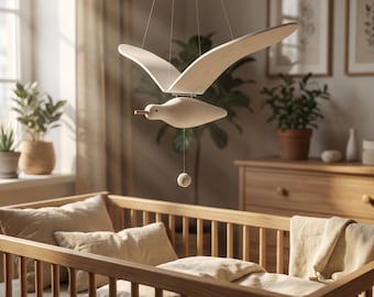 Wooden Seagull Mobile Nursery Ceiling Bird Hanging Decor Scandinavian Baby Room Gift Natural Wood