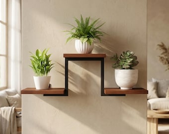 Wood and Metal Floating Wall Shelf 3 Tier Modular Plant Display Modern Indoor Storage Organizer Decor