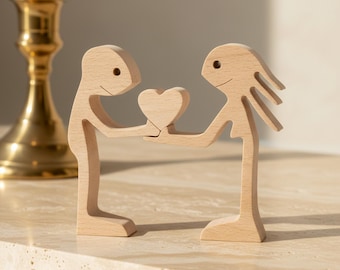 Wooden Couple Figurine Heart Sculpture Minimalist Love Decor Anniversary Gift Valentine Wood Art Home