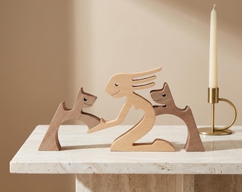 Handmade Wooden Woman With Two Dogs Sculpture Beech Wood Pet Lover Figurine Minimalist Home Decor Unique Gift for Dog Mom