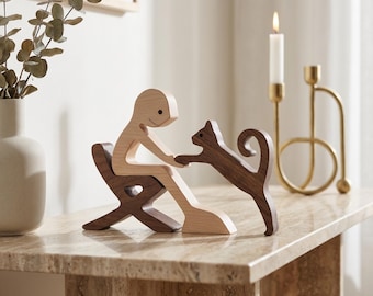 Handmade Wood Cat Lover Gift Figurine Sitting Person and Playful Cat Sculpture Minimalist Desk Decor Cat Mom Gift