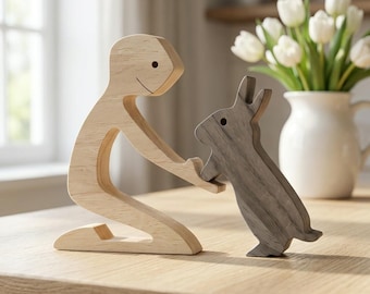 Wooden Person and Bunny Figurine Natural Wood Easter Decoration Spring Home Decor Rabbit Sculpture Minimalist Shelf Ornament Gift