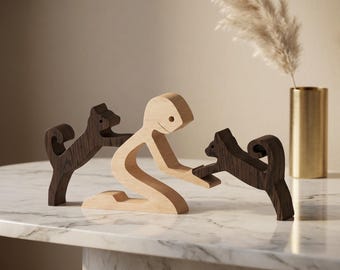 Handmade Wooden Person with Two Cats Figurine Set Minimalist Cat Lover Gift Boho Shelf Decor Wood Animal Sculpture Cat Mom Gift