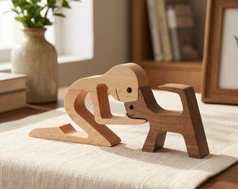 Handmade Wooden Cat and Human Nose to Nose Sculpture Minimalist Cat Lover Gift Boho Home Decor Natural Wood Art Desk Ornament