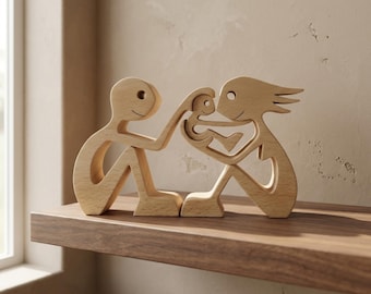 Handmade Wooden Family Sculpture Father Mother and Baby Natural Wood Art New Parents Gift Minimalist Boho Home Decor Ornament