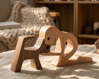 Handmade Wood Cat Lover Gift Figurine Human and Cat Nose to Nose Sculpture Minimalist Desk Decor Cat Mom Gift