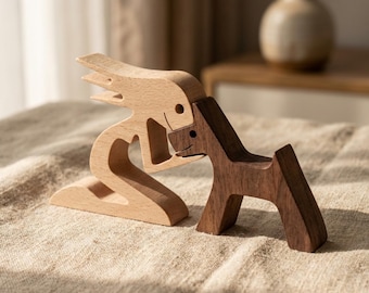 Handmade Wooden Dog and Human Forehead Kiss Sculpture Natural Wood Art Dog Lover Gift Minimalist Boho Home Decor Desk Ornament