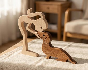 Handmade Wood Dachshund Lover Gift Figurine Girl and Dog Sculpture Minimalist Desk Decor Dachshund Mom Gift