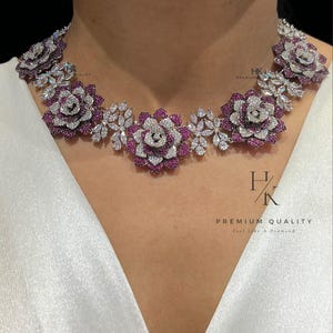 Silver Plated Ruby Brass Floral Crystal Necklace Set with Earrings – Bridal Statement Jewelry