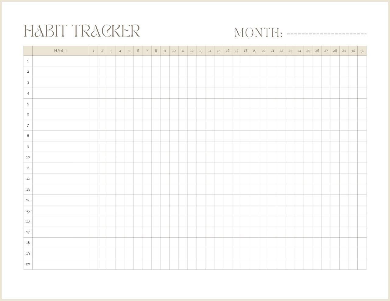Minimalist Habit Tracker Printable | Monthly 31 Day Tracker | Undated ...