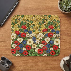 Gold Floral Mouse Pad, Art Nouveau Poppy Mousepad, 9x8 Inch Non Slip Rubber Base