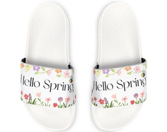 Hello Spring floral print Youth Sandals | slide sandals with removable strap