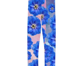 Blue Floral Pattern Kids Leggings | All-Over Print