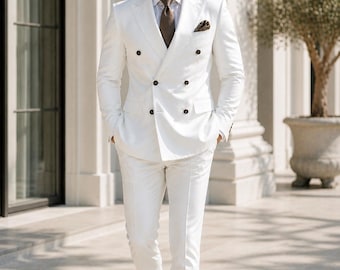 White Double Breasted Suit Men • Slim Fit 2 Piece Formal Wedding Groom Prom Polyviscose