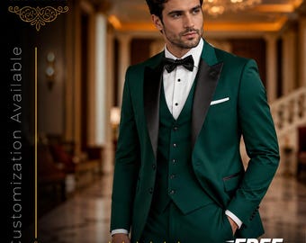 FREE SHIPPING | Emerald Green 3 Piece Suit for Men | Wedding Groom Suit | Groomsmen Suit | Custom Tailored Suit | Slim Fit Formal Wear