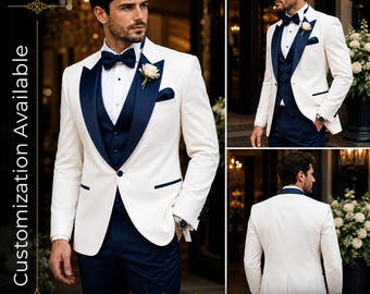 SPEDIZIONE GRATUITA / Smoking da uomo bianco e blu navy / Abito da sposo a 3 pezzi / Smoking da sposo / Abito formale slim fit