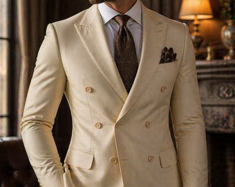 Cream Double Breasted Suit • Men's Slim Fit Wedding Groom Prom Formal Wear