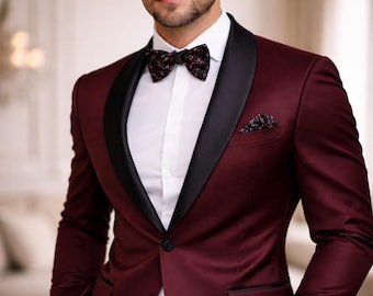 Burgundy Tuxedo Suit Men • Slim Fit Wedding Groom Prom Formal Custom Tailored
