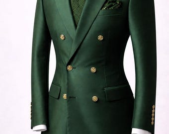 Emerald Green Double Breasted Suit, Slim Fit Custom Tailored Tuxedo