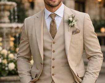 Beige 3 Piece Slim Fit Wedding Suit • Custom Tailored Formal Menswear