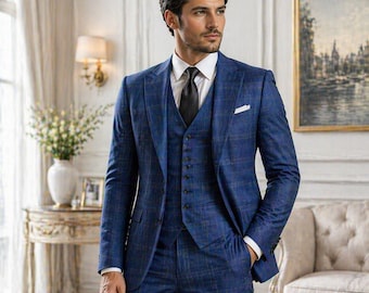 Blue Check 3 Piece Wool Blend Suit • Slim Fit Plaid Wedding Groom Business Formal