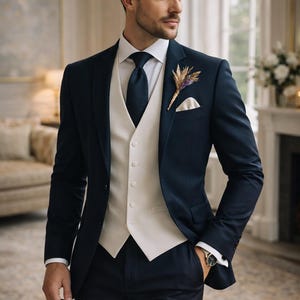 Traje azul marino de 3 piezas • Traje formal de novio de boda de corte entallado • Hecho a medida