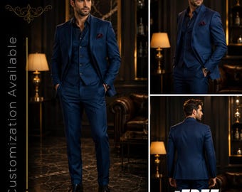 FREE SHIPPING | Handmade Blue Tuxedo Suit | Men's 3 Piece Wedding Suit | Blue Groom Suit | Slim Fit Tuxedo | Custom Tailored Suit