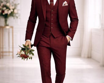 Burgundy 3 Piece Suit for Men • Slim Fit Wedding Groom Suit • Polyviscose Mens Formal Suit • Custom Tailored Luxury Suit