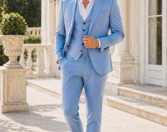 Sky Blue 3 Piece Slim Fit Suit • Custom Tailored Wedding Prom Formal Wear