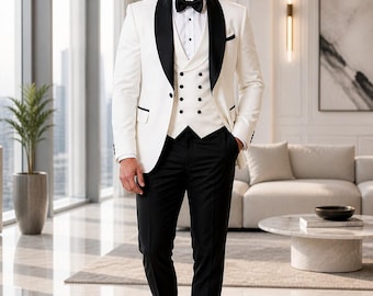 Costume de smoking noir blanc ivoire pour homme • Smoking slim fit avec revers châle • Costume de marié avec gilet croisé • Costume formel de bal de fin d'année de mariage cravate noire •